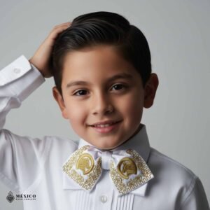 White Mexican Kids Embroidered Charro Moño – Traditional Baby Mariachi Bow