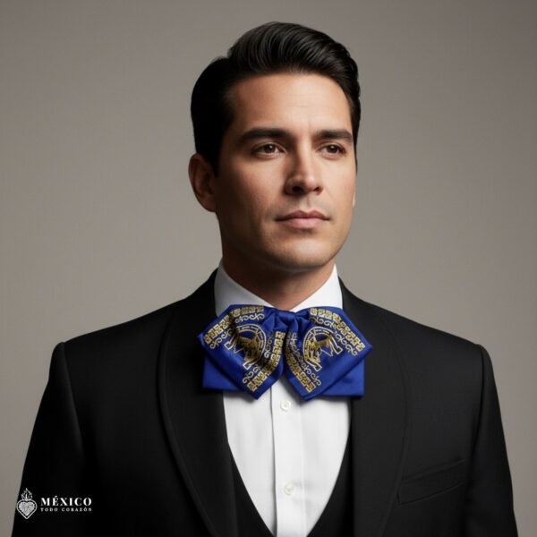 Blue Mexican Embroidered Charro Moño – Traditional Satin Mariachi Bow Tie