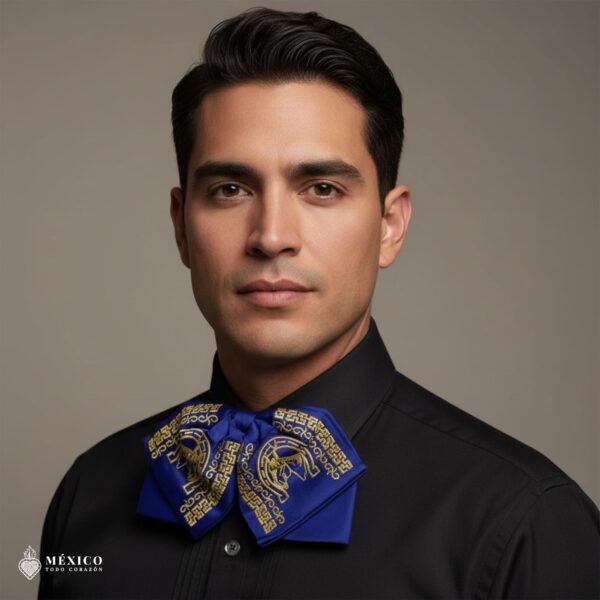 Blue Mexican Embroidered Charro Moño – Traditional Satin Mariachi Bow Tie