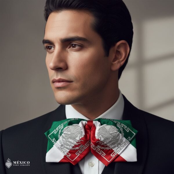 Tricolor Mexican Embroidered Charro Moño – Traditional Satin Mariachi Bow Tie