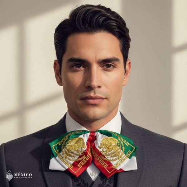 Tricolor Mexican Embroidered Charro Moño – Traditional Satin Mariachi Bow Tie
