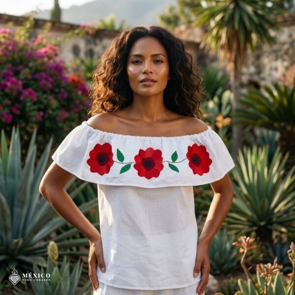 Traditional Embroidered Peasent Blouse Red Flowers