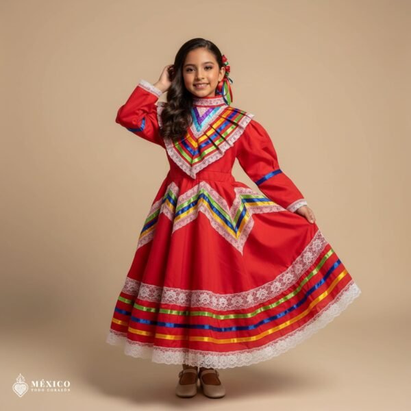 Red Traditional Jalisco One-Piece Dress – Mexican Folklore Wear (Size 2)