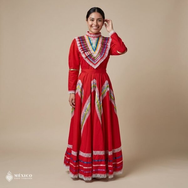 Red Traditional Jalisco One-Piece Dress – Mexican Folklore Wear (Size 14)