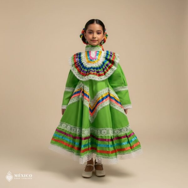 Light Green Traditional Jalisco One-Piece Dress for Girls & Teens (Size 2)