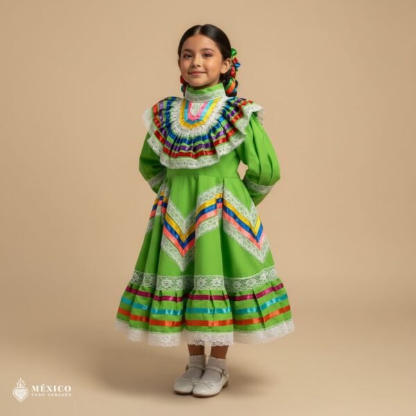 Light Green Traditional Jalisco One-Piece Dress for Girls & Teens (Size 2)