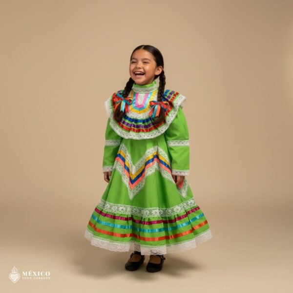 Light Green Traditional Jalisco One-Piece Dress for Girls & Teens (Size 2)