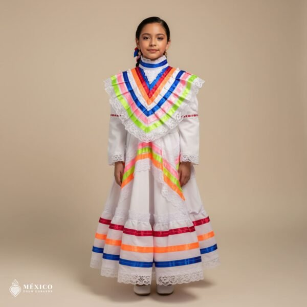 White Traditional Jalisco One-Piece Dress for Girls & Teens (Size 2)