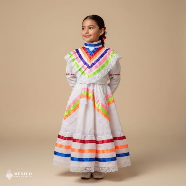 White Traditional Jalisco One-Piece Dress for Girls & Teens (Size 2)