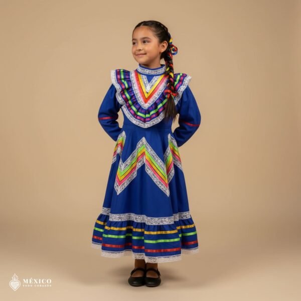 Blue Traditional Jalisco One-Piece Dress for Girls & Teens (Size 2)