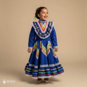 Blue Traditional Jalisco One-Piece Dress for Girls & Teens (Size 2)