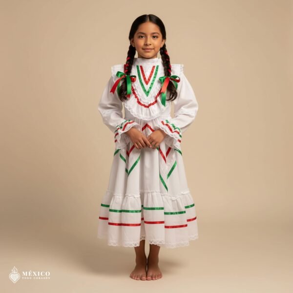 White with Tricolor Ribbons Traditional Jalisco One-Piece Dress for Girls & Teens (Size 2)