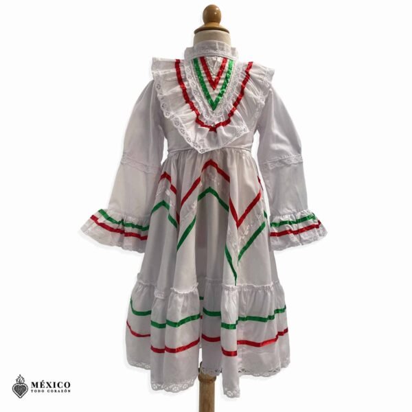 White with Tricolor Ribbons Traditional Jalisco One-Piece Dress for Girls & Teens (Size 2)