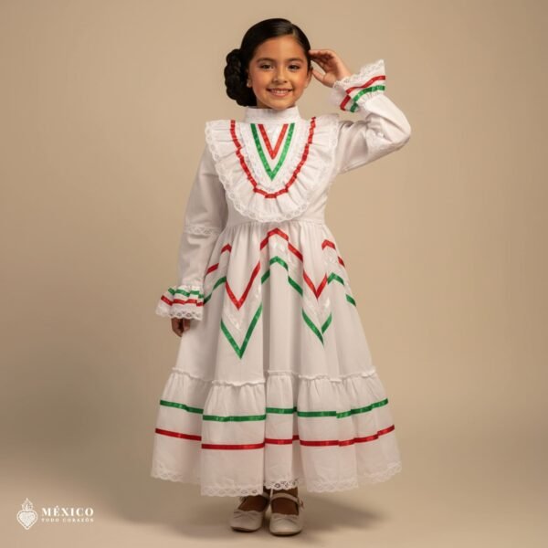 White with Tricolor Ribbons Traditional Jalisco One-Piece Dress for Girls & Teens (Size 2)
