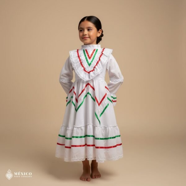 White with Tricolor Ribbons Traditional Jalisco One-Piece Dress for Girls & Teens (Size 2)