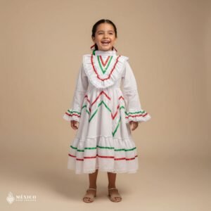 White with Tricolor Ribbons Traditional Jalisco One-Piece Dress for Girls & Teens (Size 2)