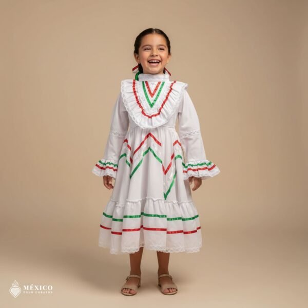 White with Tricolor Ribbons Traditional Jalisco One-Piece Dress for Girls & Teens (Size 2)