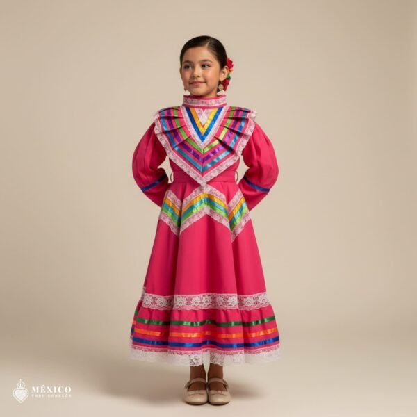 Pink Traditional Jalisco One-Piece Dress for Girls & Teens (Size 2)