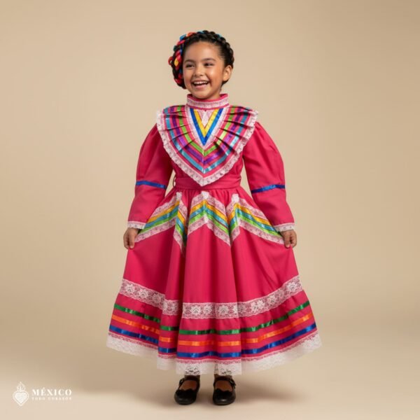 Pink Traditional Jalisco One-Piece Dress for Girls & Teens (Size 2)