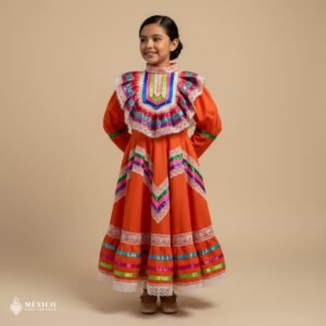 Orange Traditional Jalisco One-Piece Dress for Girls & Teens (Size 4)