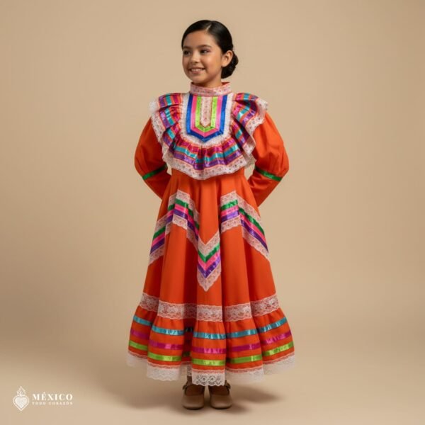 Orange Traditional Jalisco One-Piece Dress for Girls & Teens (Size 4)