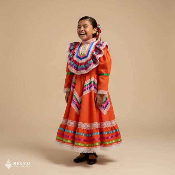 Orange Traditional Jalisco One-Piece Dress for Girls & Teens (Size 4)