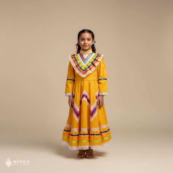 Yellow Traditional Jalisco One-Piece Dress for Girls & Teens (Size 4)