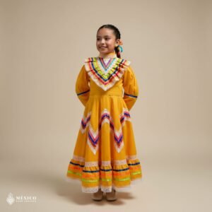 Yellow Traditional Jalisco One-Piece Dress for Girls & Teens (Size 4)