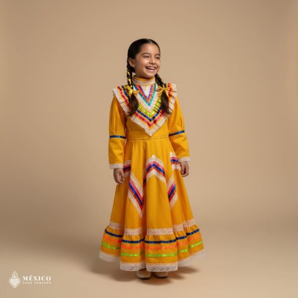 Yellow Traditional Jalisco One-Piece Dress for Girls & Teens (Size 4)