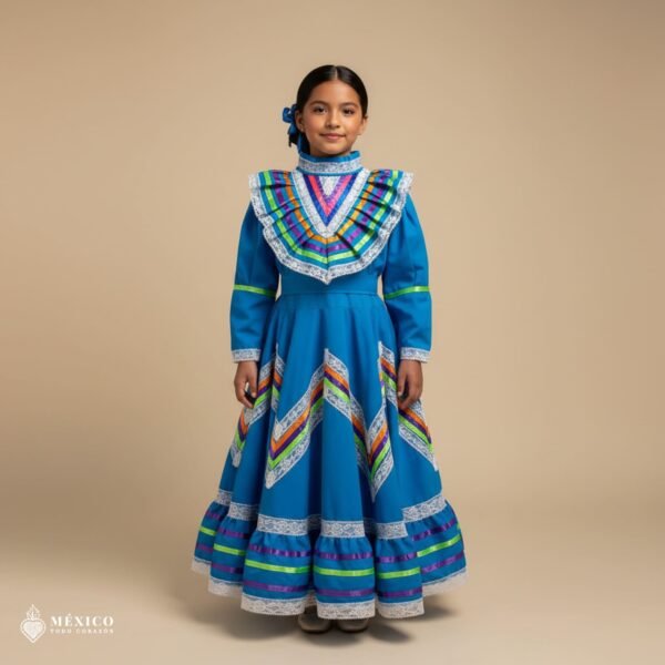 Light Blue Traditional Jalisco One-Piece Dress for Girls & Teens (Size 4)