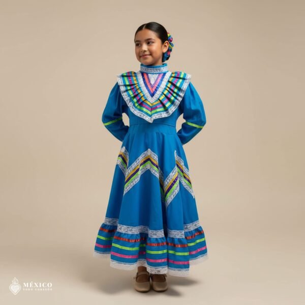 Light Blue Traditional Jalisco One-Piece Dress for Girls & Teens (Size 4)