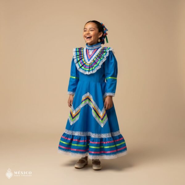 Light Blue Traditional Jalisco One-Piece Dress for Girls & Teens (Size 4)