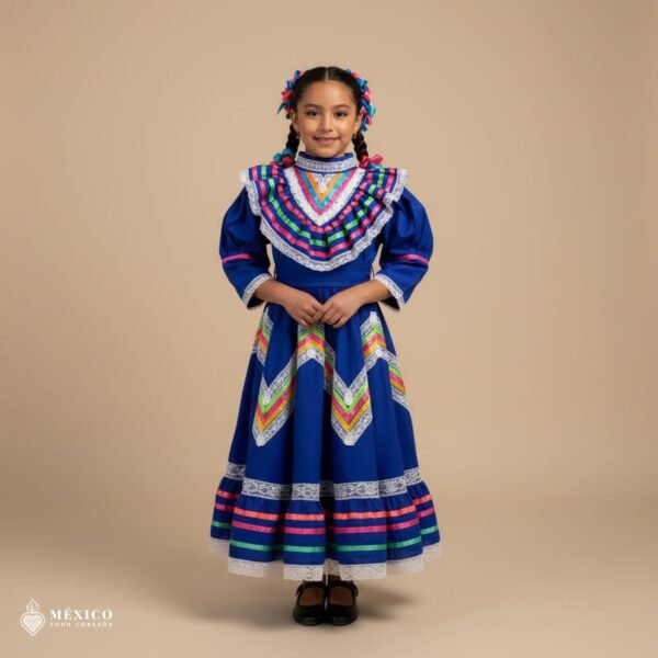 Royal Blue Traditional Jalisco One-Piece Dress for Girls & Teens (Size 4)