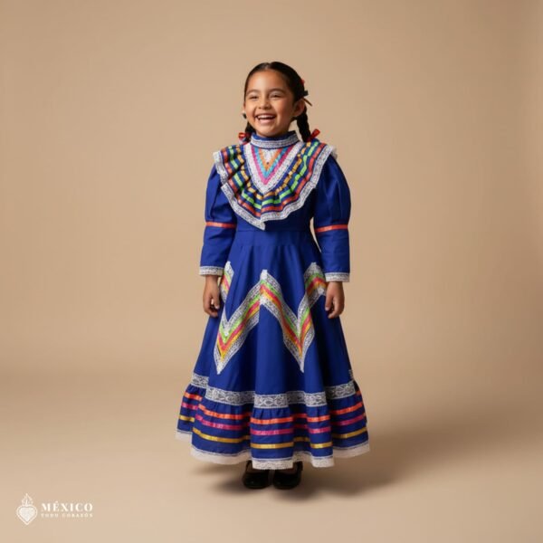 Royal Blue Traditional Jalisco One-Piece Dress for Girls & Teens (Size 4)