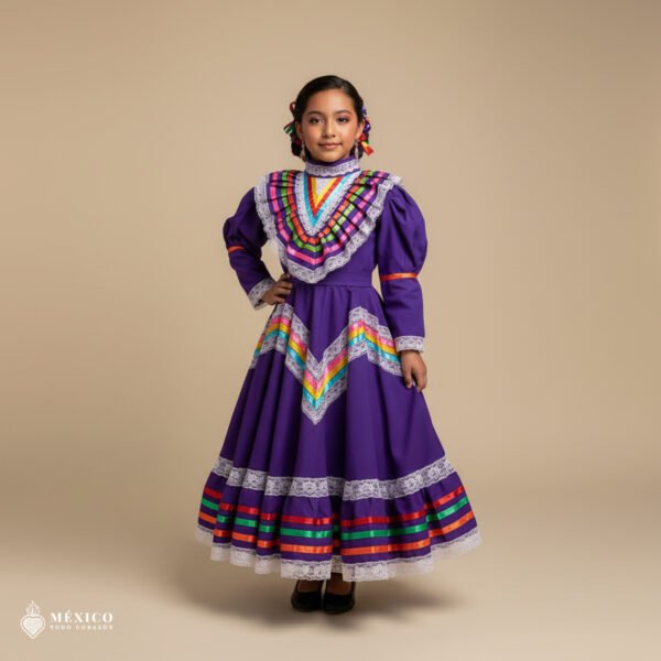 Purple Traditional Jalisco One-Piece Dress for Girls & Teens (Size 4)