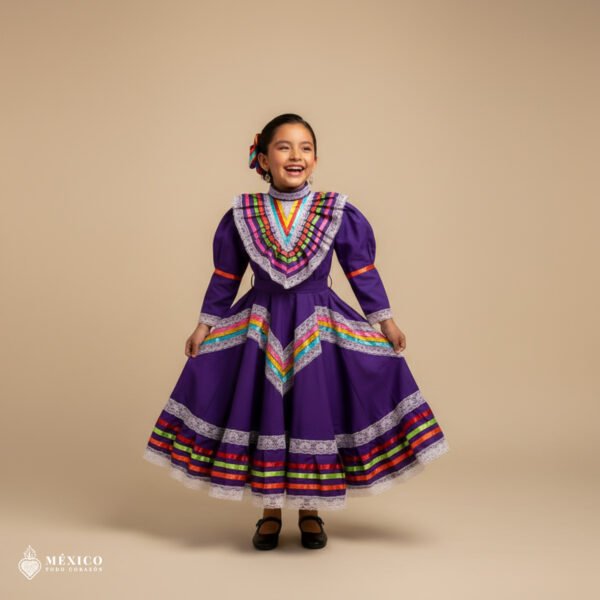 Purple Traditional Jalisco One-Piece Dress for Girls & Teens (Size 4)