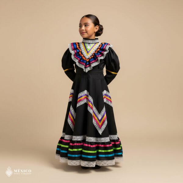 Black Traditional Jalisco One-Piece Dress for Girls & Teens (Size 6)