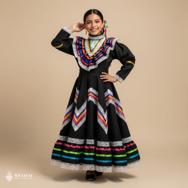 Black Traditional Jalisco One-Piece Dress for Girls & Teens (Size 6)