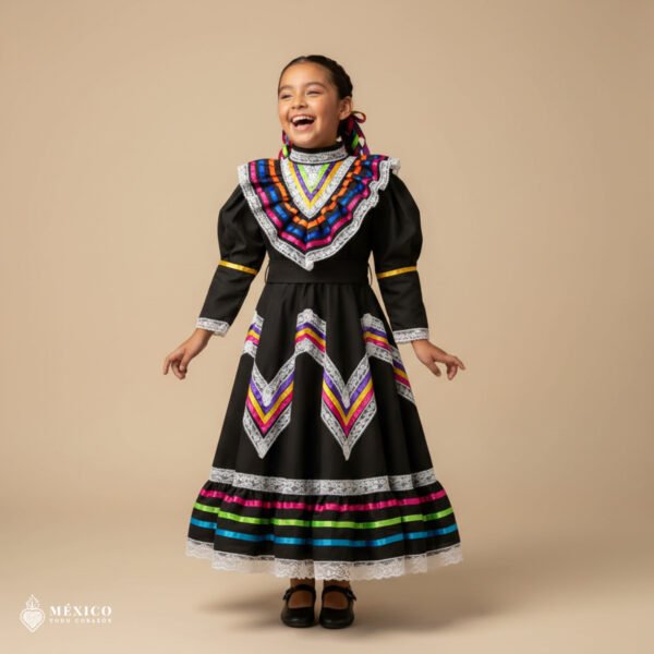 Black Traditional Jalisco One-Piece Dress for Girls & Teens (Size 6)