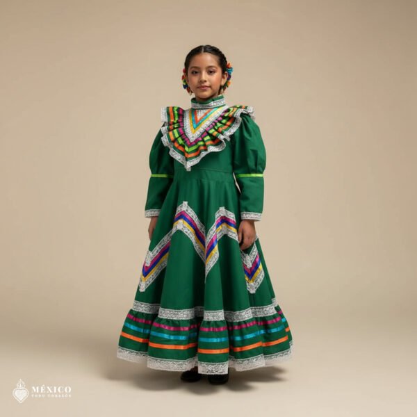 Green Traditional Jalisco One-Piece Dress for Girls & Teens (Size 6)