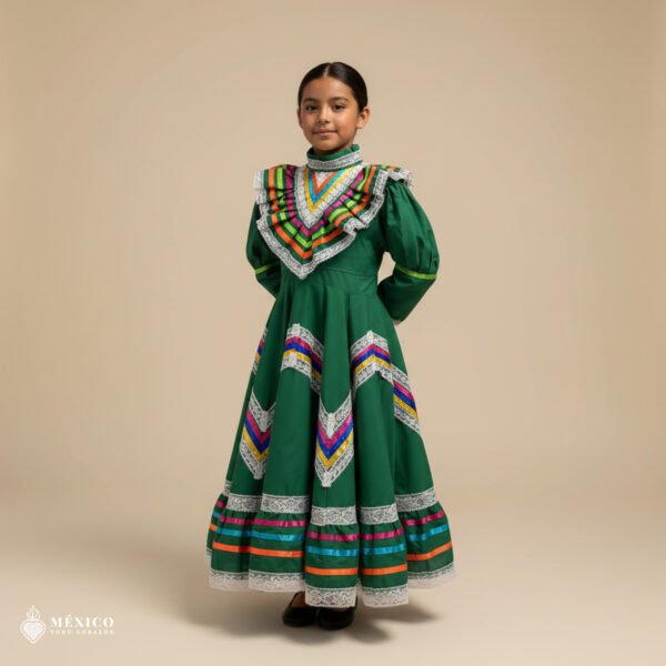 Green Traditional Jalisco One-Piece Dress for Girls & Teens (Size 6)