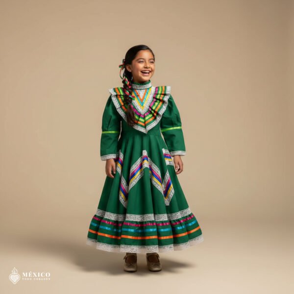 Green Traditional Jalisco One-Piece Dress for Girls & Teens (Size 6)