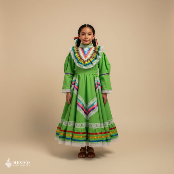 Light Green Traditional Jalisco One-Piece Dress for Girls & Teens (Size 6)
