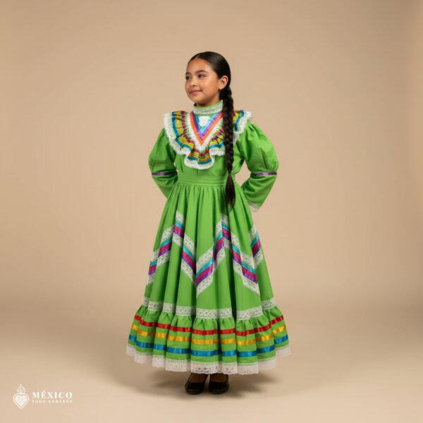 Light Green Traditional Jalisco One-Piece Dress for Girls & Teens (Size 6)