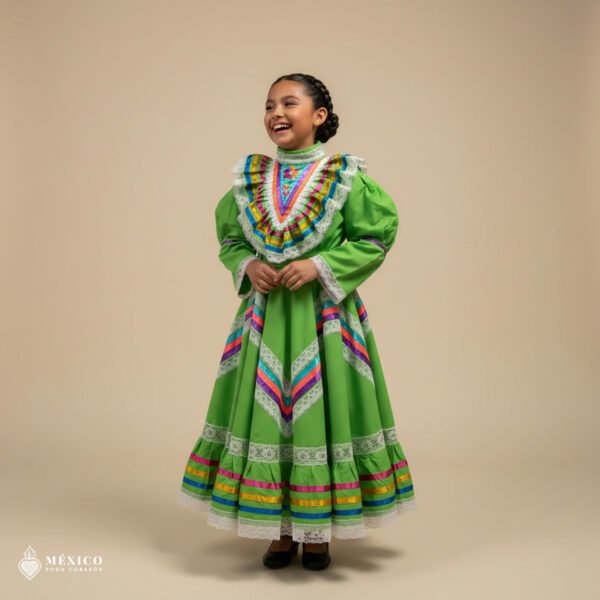 Light Green Traditional Jalisco One-Piece Dress for Girls & Teens (Size 6)