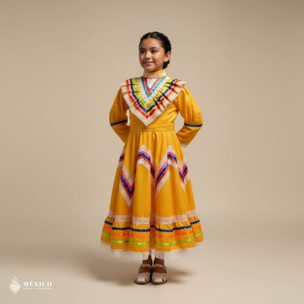Yellow Traditional Jalisco One-Piece Dress for Girls & Teens (Size 6)