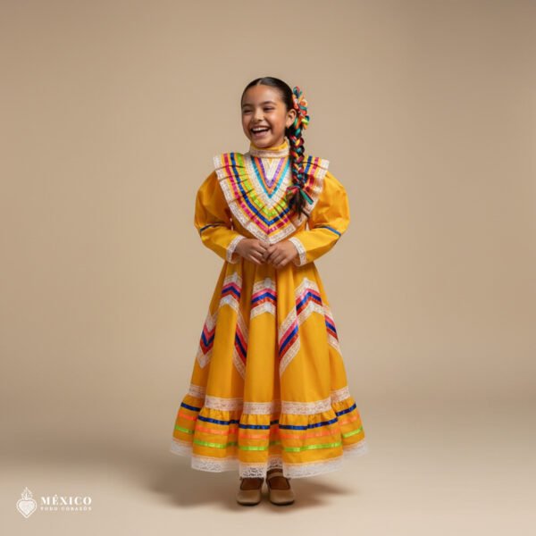 Yellow Traditional Jalisco One-Piece Dress for Girls & Teens (Size 6)