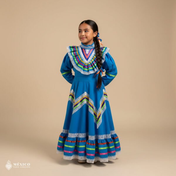 Light Blue Traditional Jalisco One-Piece Dress for Girls & Teens (Size 6)