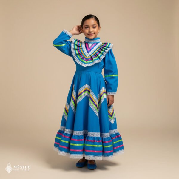 Light Blue Traditional Jalisco One-Piece Dress for Girls & Teens (Size 6)