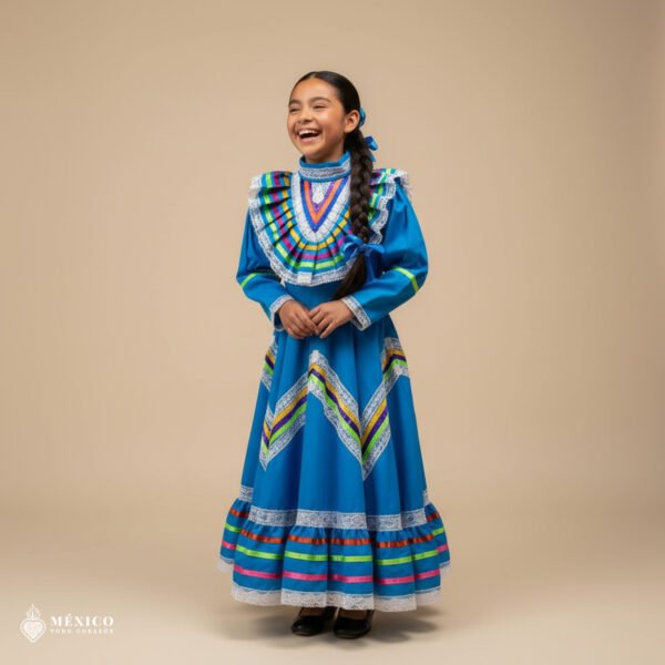 Light Blue Traditional Jalisco One-Piece Dress for Girls & Teens (Size 6)